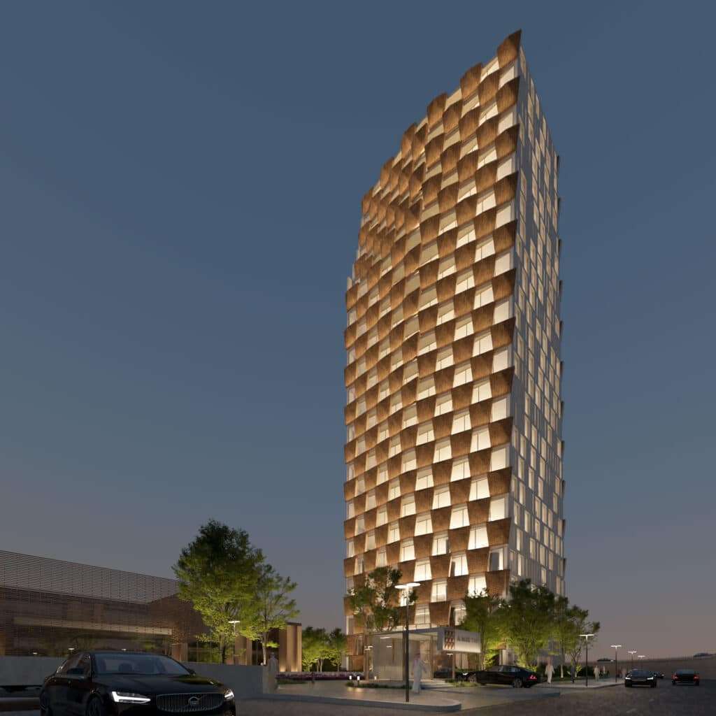 3D render of OD Tower highlighting its height and geometric patterned glass façade