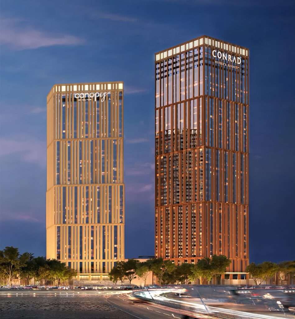 Exterior view of Canopy Hotel tower highlighting modern architectural details