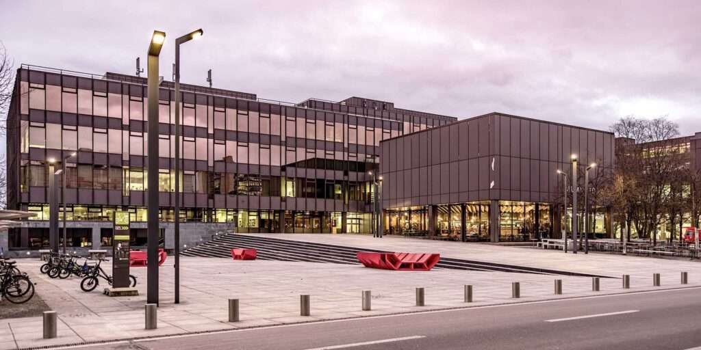 Front façade of the HIL Building at ETH Zurich, highlighting its concrete and glass details
