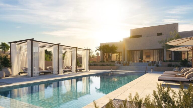 Wadi Safar villas facade blending with nature and open pools