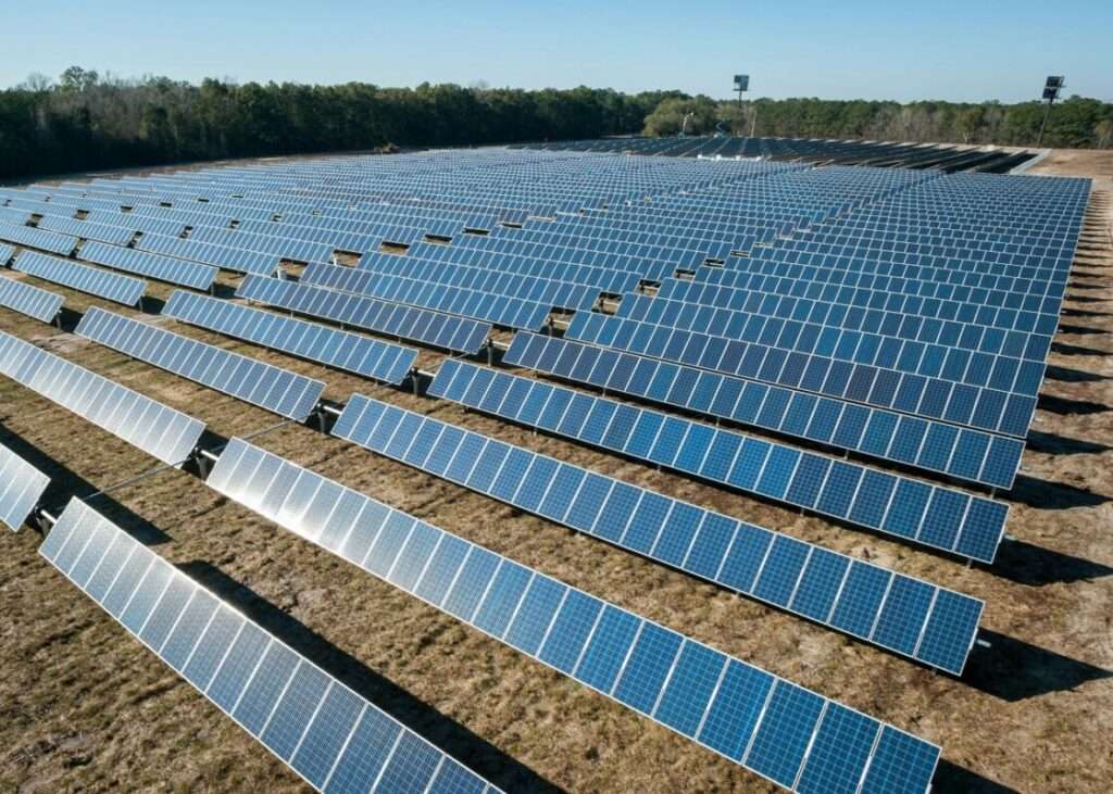 Rows of solar panels stretching horizontally across the Texas plain