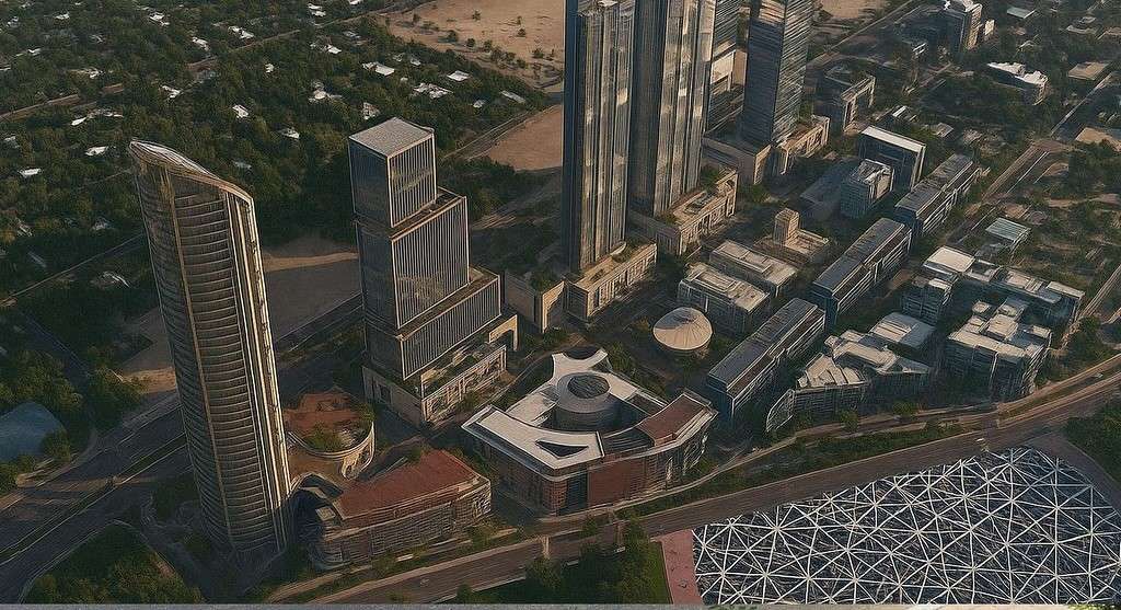 منظور جوي يوضح التصور المعماري لمشروع المثلث الذهبي متعدد الاستخدامات في جدة مع أبراج حديثة ومساحات حضرية مفتوحة.