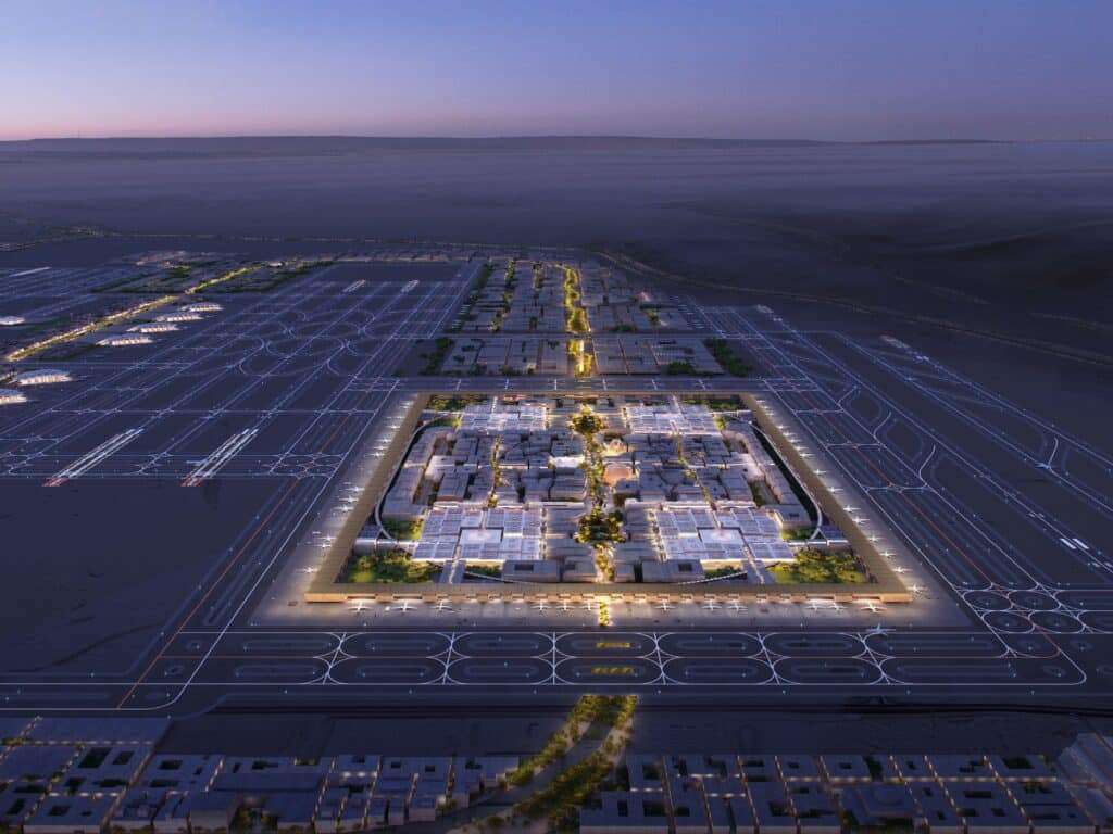 Conceptual design of King Salman International Airport in Riyadh highlighting its large-scale architecture.
