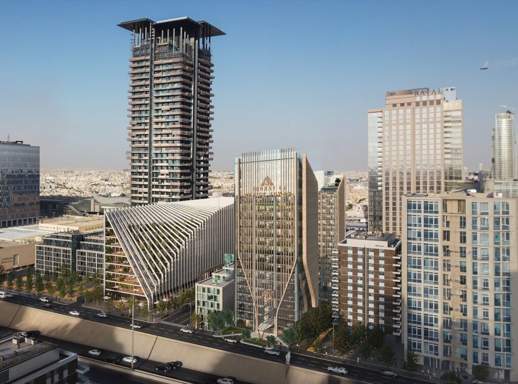 الواجهة الأمامية لبرج جاردن تاور مع المساحات التجارية في المستوى الأرضي