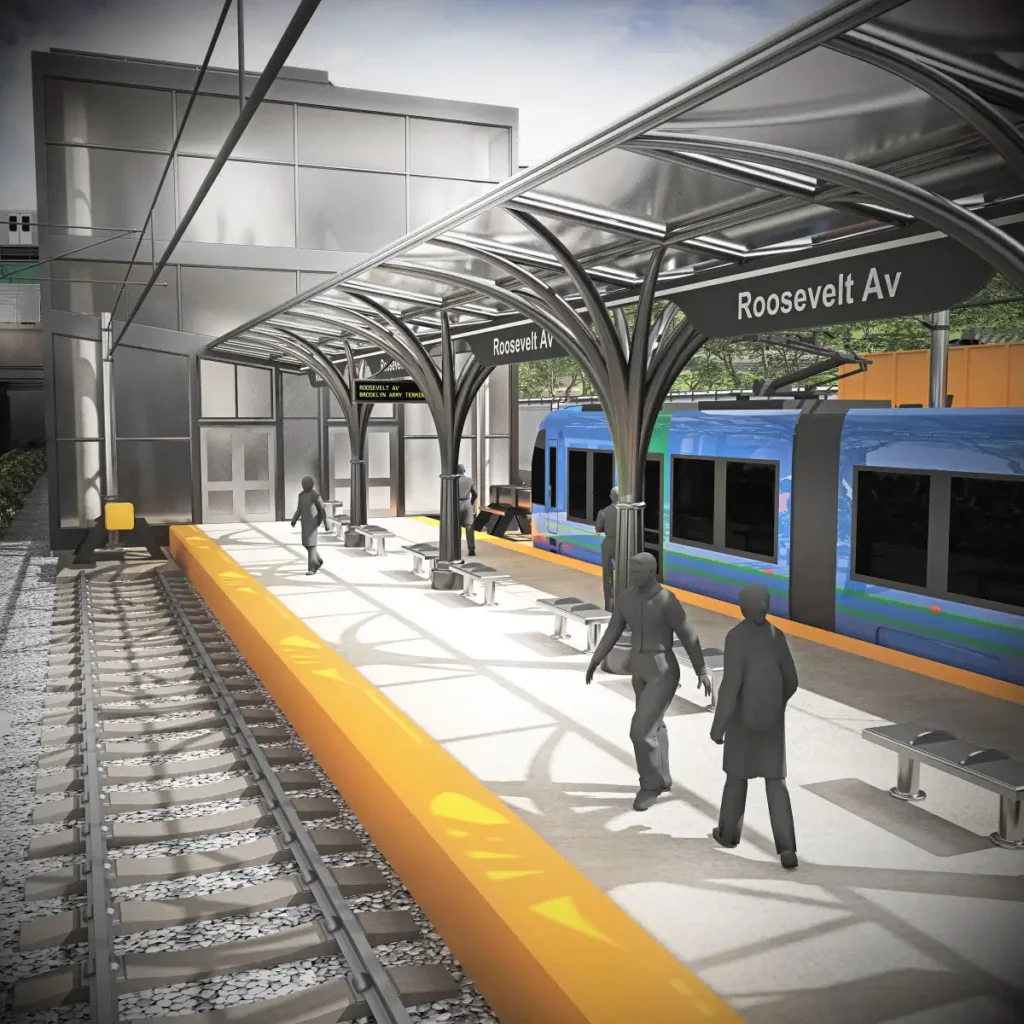 Concept rendering of an Interborough Express light rail station in Brooklyn, showing seamless integration with existing urban fabric.