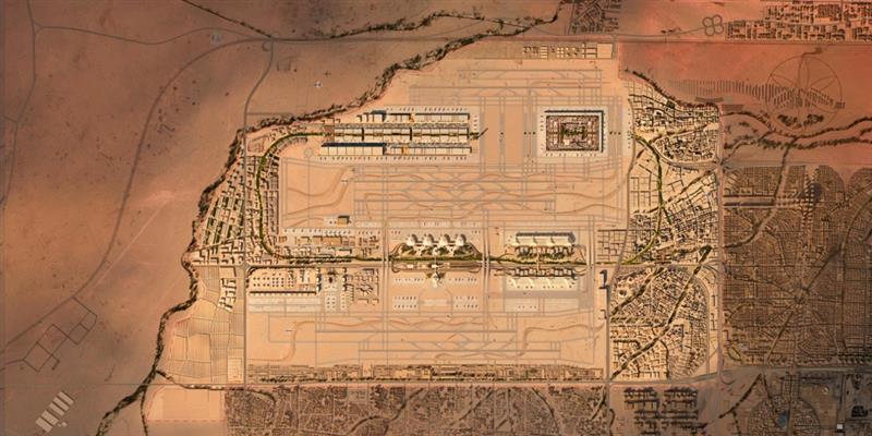 عرض تصميمي يوضح البنية الضخمة لمطار الملك سلمان الدولي في الرياض.