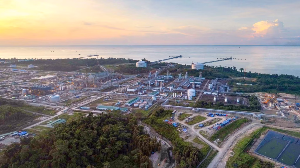 Aerial view of gas production facilities at the Tangguh site in Papua Barat
