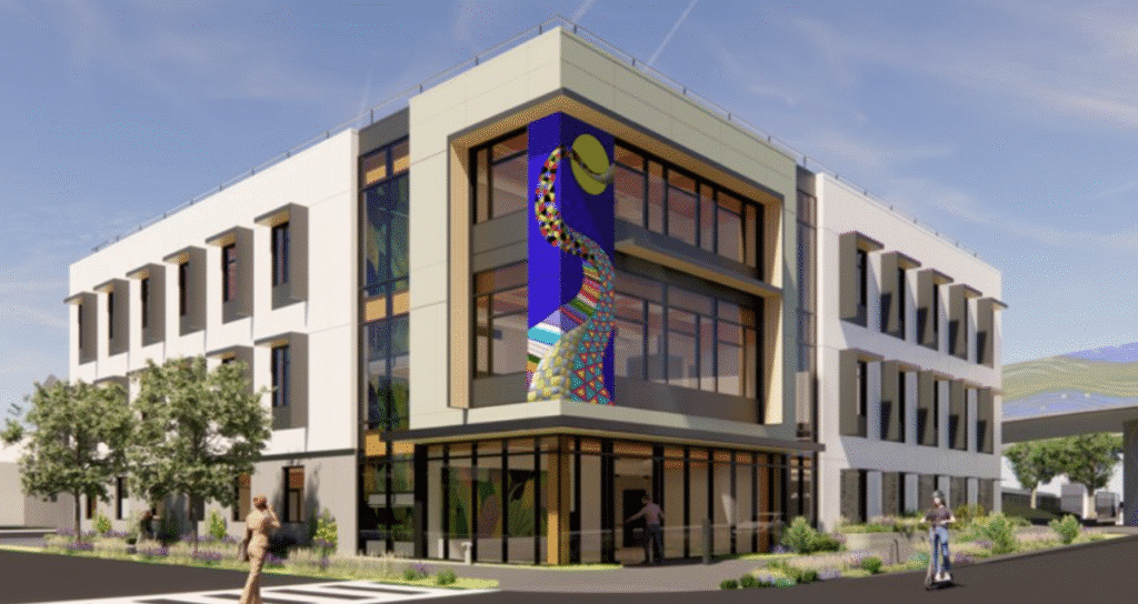 Aerial view of UCSF Benioff Children&rsquo;s Hospital showing massing and open spaces.