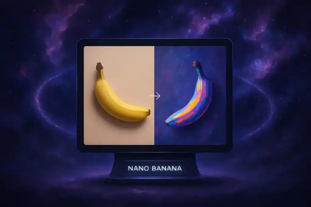 Graphic artwork with a banana icon and editing effects symbolizing AI-powered photo manipulation