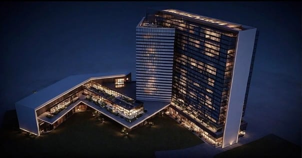 منظور ليلي لمبنى بوليفارد أحد رفيدة يظهر الإضاءة الخارجية والتوزيع العمراني.