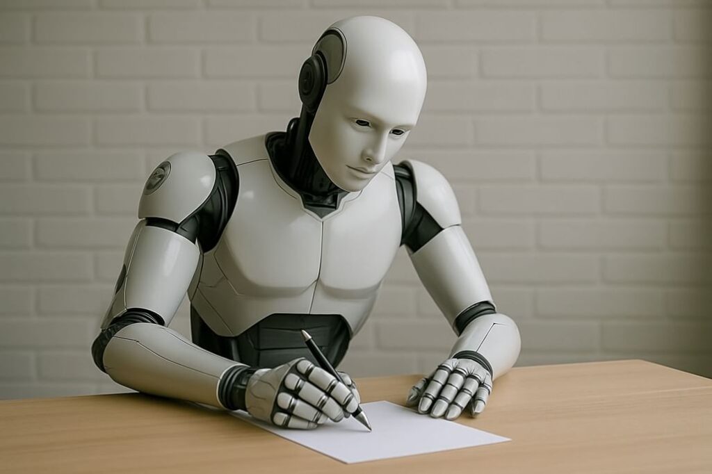 روبوت بشري الشكل يجلس على مكتب خشبي ويكتب بقلم على ورقة بيضاء، كأنه يرسم أو يخطّط &mdash; في مشهد يدمج بين التكنولوجيا والتفكير الإبداعي.