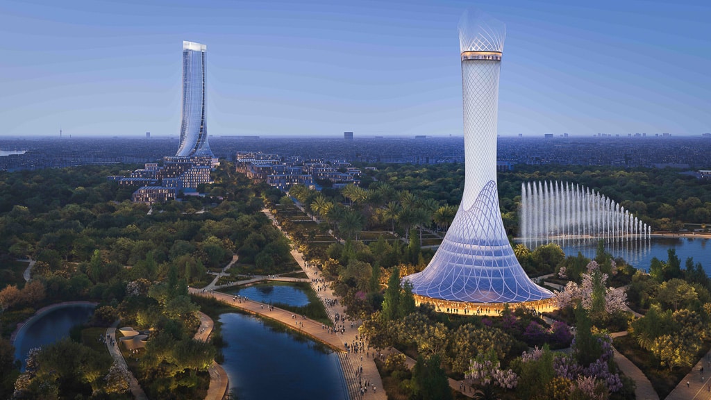 منظور علوي لمشروع الغابة الحضرية يوضح دمج المساحات الخضراء مع النسيج العمراني.