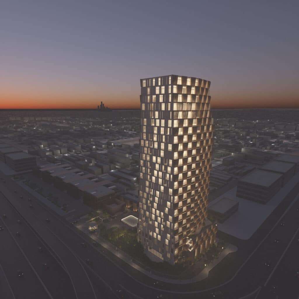 OD Tower in Al Yasmeen district surrounded by urban buildings and ambient lighting