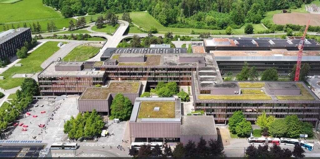 Aerial view of the HIL Building within ETH Zurich campus, showing its location and surrounding spaces.