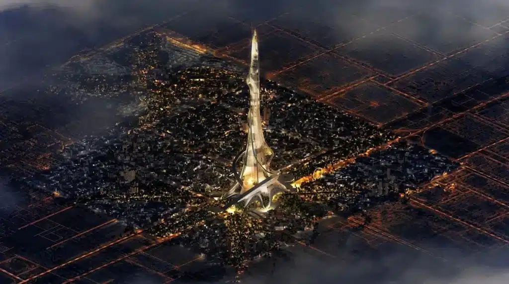 تصميم بارامتري لبرج رايز يعكس خطوط انسيابية وواجهات زجاجية عاكسة.