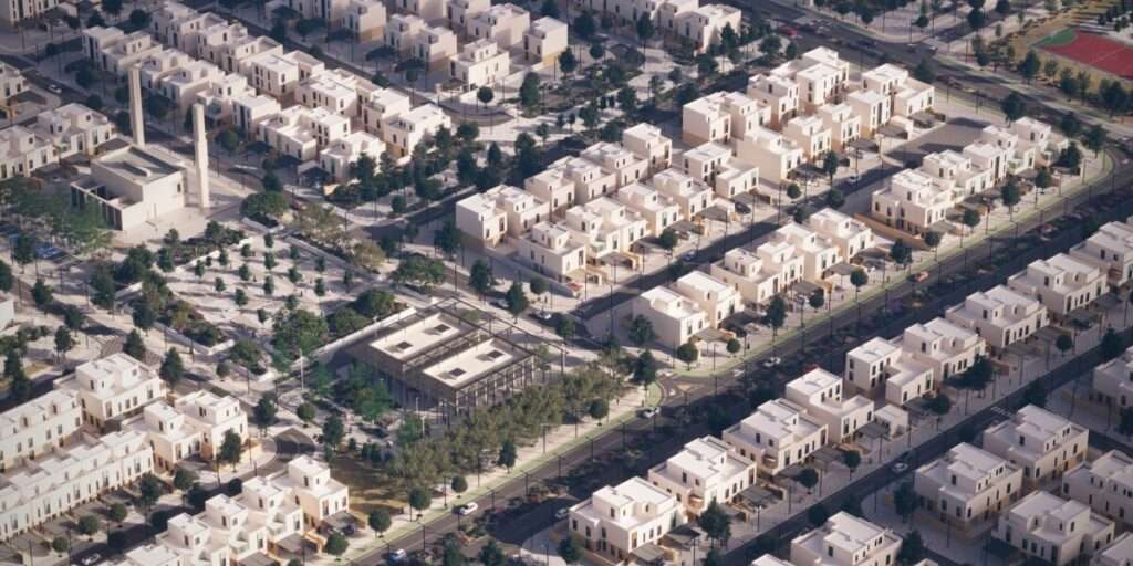 تصور تخطيطي لمخطط مجتمع العروس يوضح توزيع الطرق والمباني المستقبلية