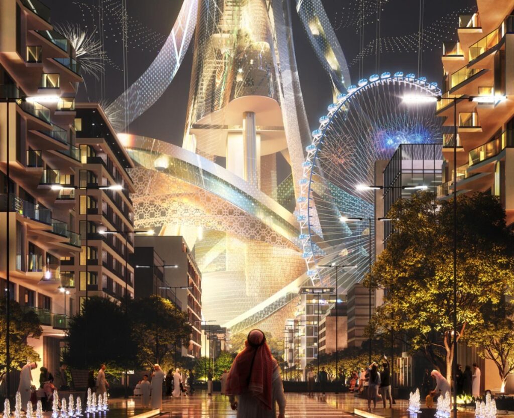 Conceptual view of Rise Tower integrating residential and leisure spaces in a vertical city