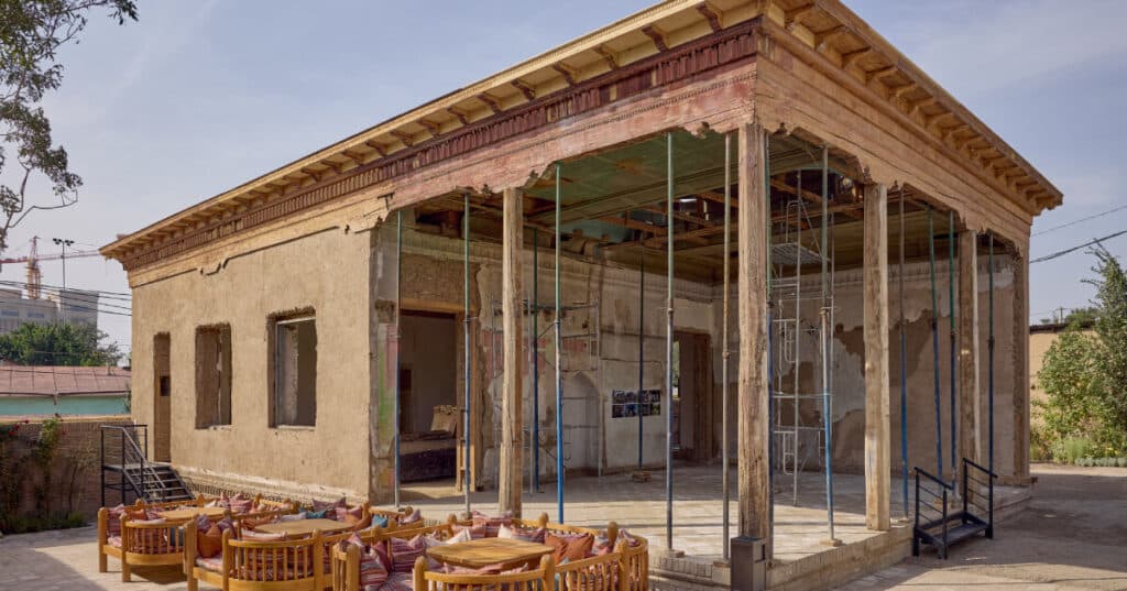 Architectural detail of the historic industrial structure during redevelopment in Tashkent