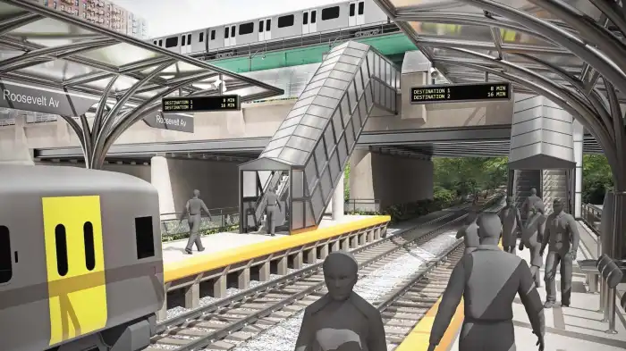 Architectural rendering of the light rail alignment over a retrofitted urban bridge adapted to modern transit standards.
