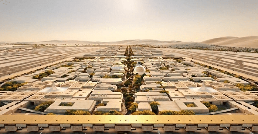 صورة معمارية لمطار الملك سلمان الدولي تُظهر التكوين الفضائي للمباني الرئيسية.