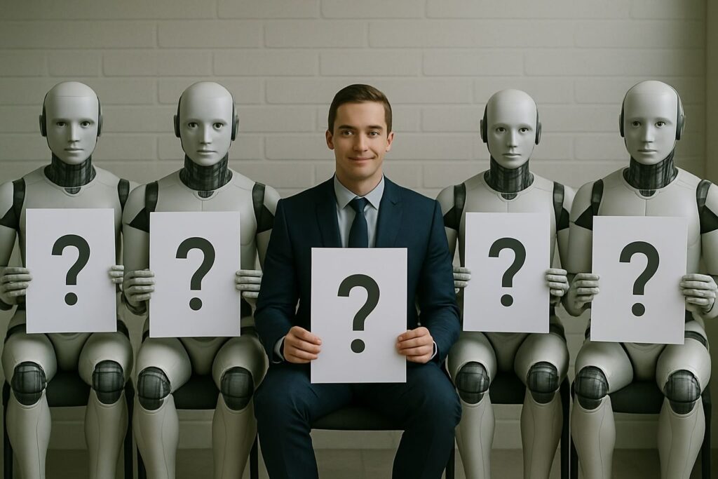 رجل في بدلة رسمية يجلس بين أربعة روبوتات متطابقة، كل منهم يحمل ورقة بيضاء عليها علامة استفهام كبيرة &mdash; مشهد يرمز للتساؤلات حول دور الإنسان في عصر الذكاء الاصطناعي.