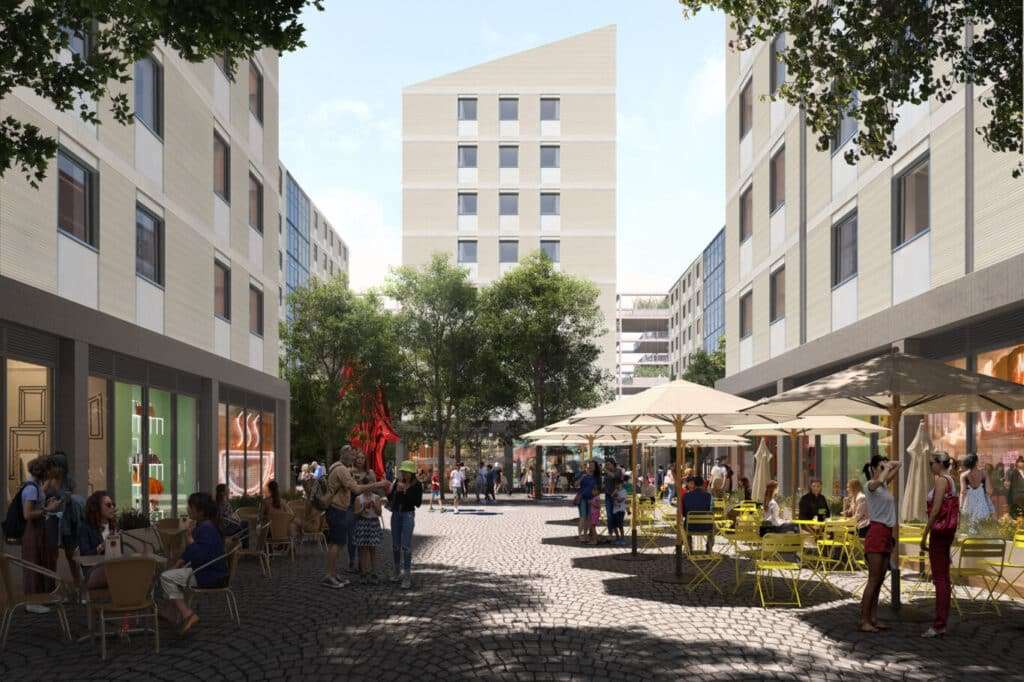 Architectural rendering of pedestrian areas and glass façades in the Milano-Cortina Olympic Village.
