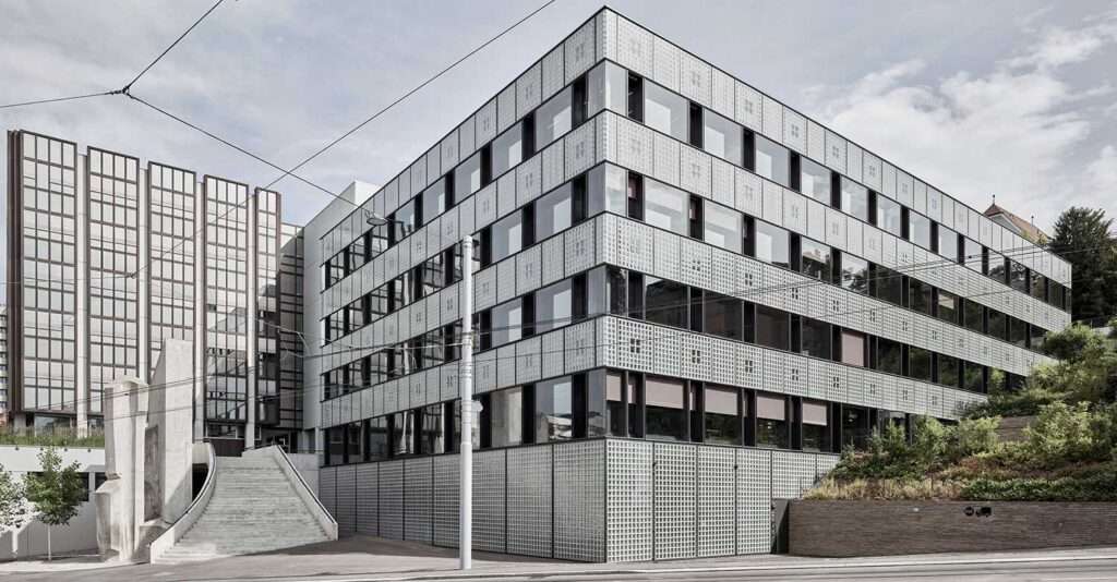 Side view of the HIL Building, focusing on window distribution and building levels