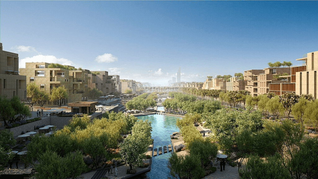 منظور علوي لمشروع معماري في الرياض يضم مساحات خضراء وحمام سباحة