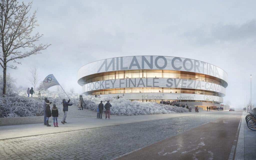A modern circular ice hockey arena in Milan, featuring the