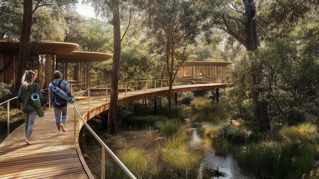 Nighttime rendering of the urban forest project emphasizing lighting contrast with dense greenery