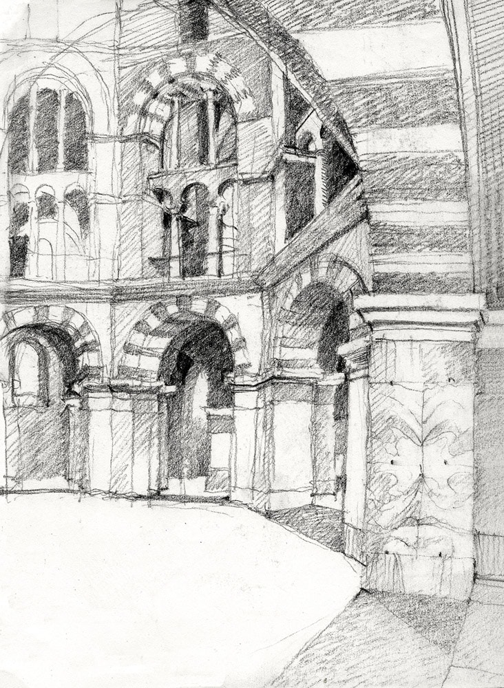 لوحة معمارية مائية تعرض تصوّر مبنى حضري بتفاصيل دقيقة