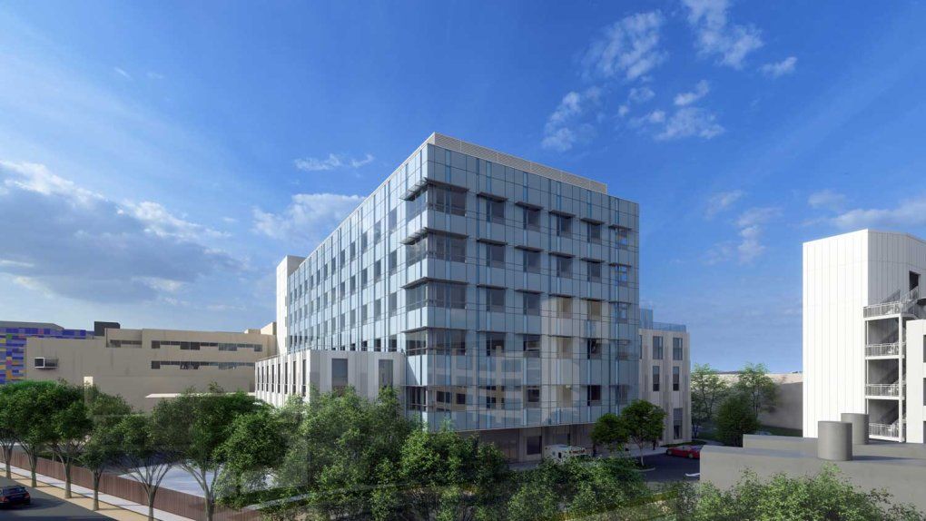 Future vision of the new Oakland hospital building with a multi-level design.