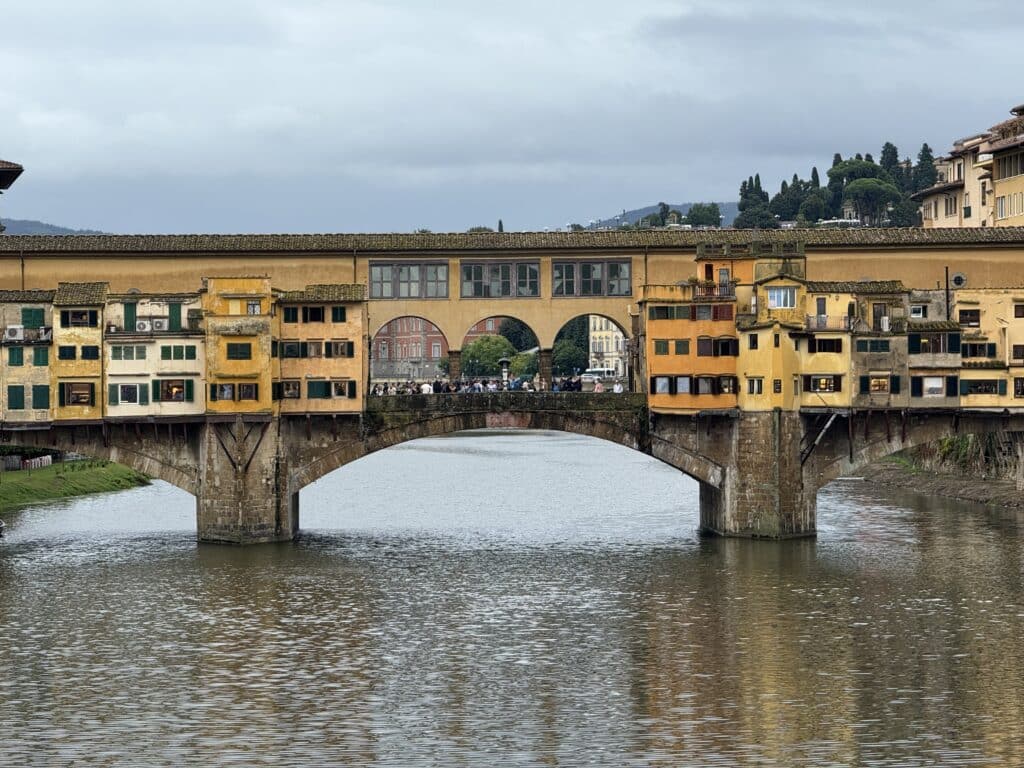 The bridge over the Arno river, showing the rows of shops built on it