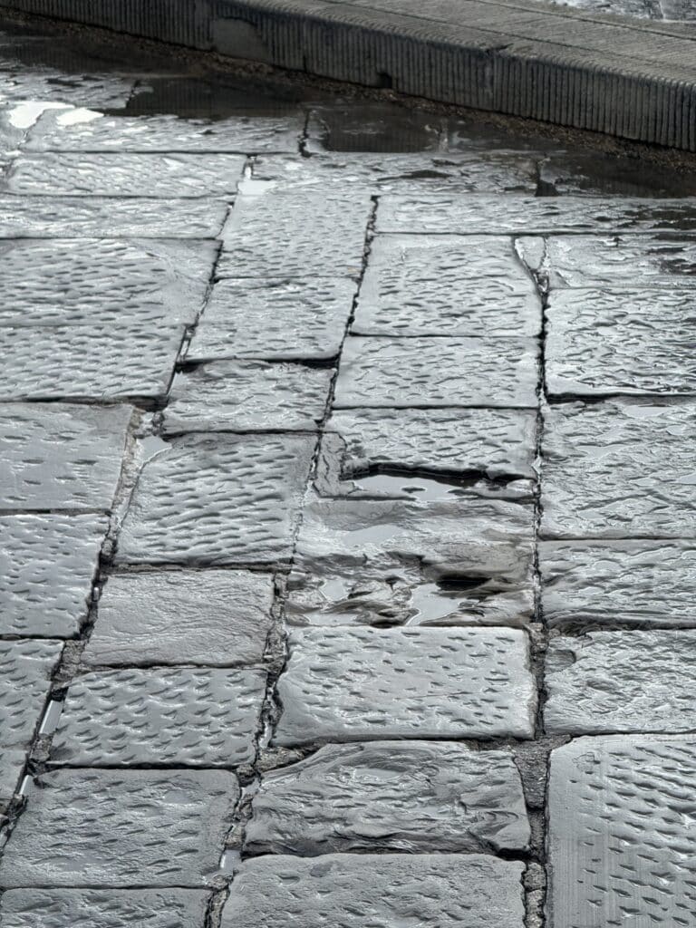 A close-up shot of the worn, historic cobblestone streets in Florence, showing the texture and centuries of foot traffic.