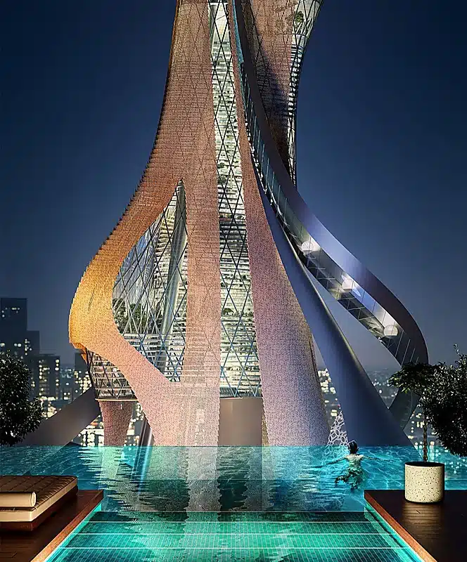 Futuristic design of Rise Tower in Riyadh, reaching two kilometers high with glass facades and hanging gardens.