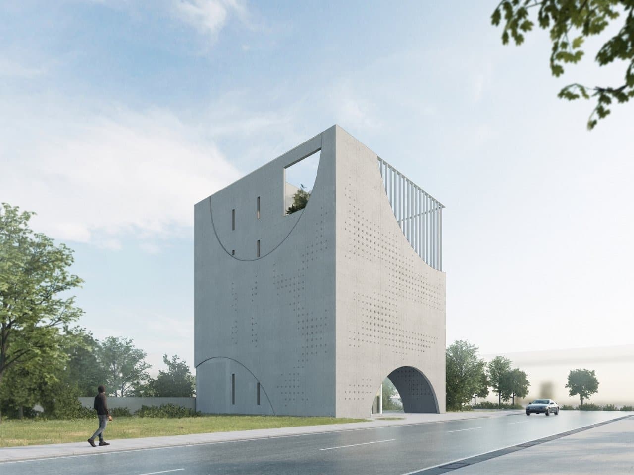 Solar Locus building facade with concrete and transparent glass, showing the contrast between heaviness and lightness.