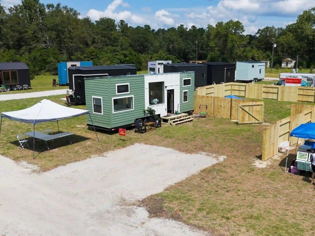 Exterior view of the Webster tiny home with modern design and spacious layout