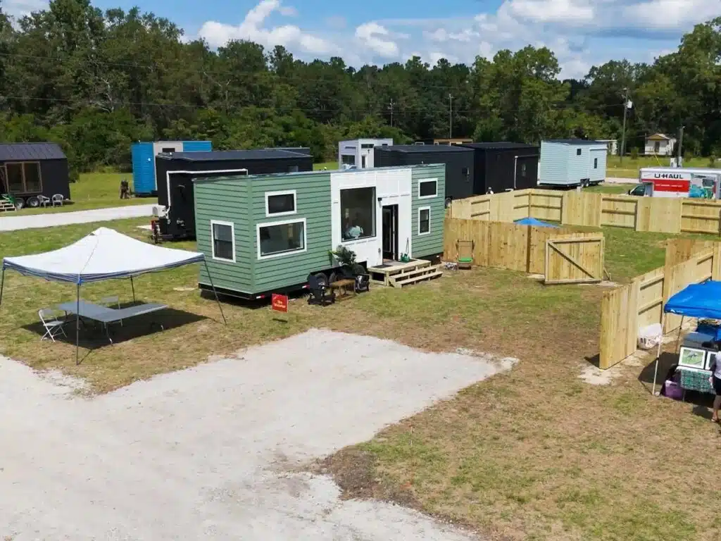 Exterior view of the Webster tiny home with modern design and spacious layout