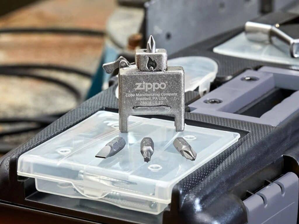 Zippo Bit Safe multi-tool accessory fitted inside a Zippo lighter case
