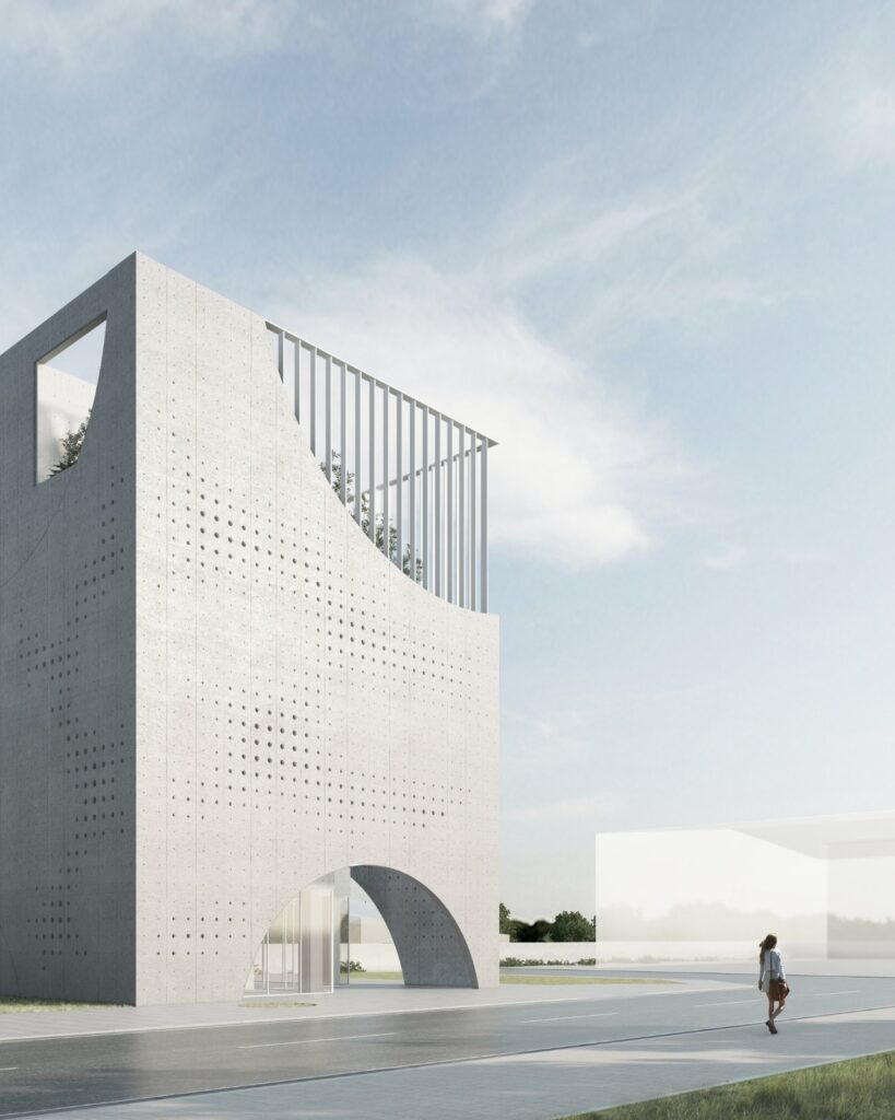 Circular openings in the building facade allowing natural light to enter.