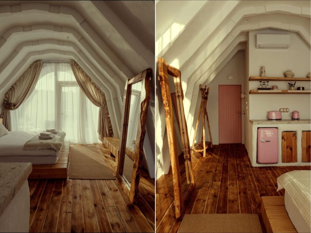 Cabin interiors featuring handcrafted wooden furniture