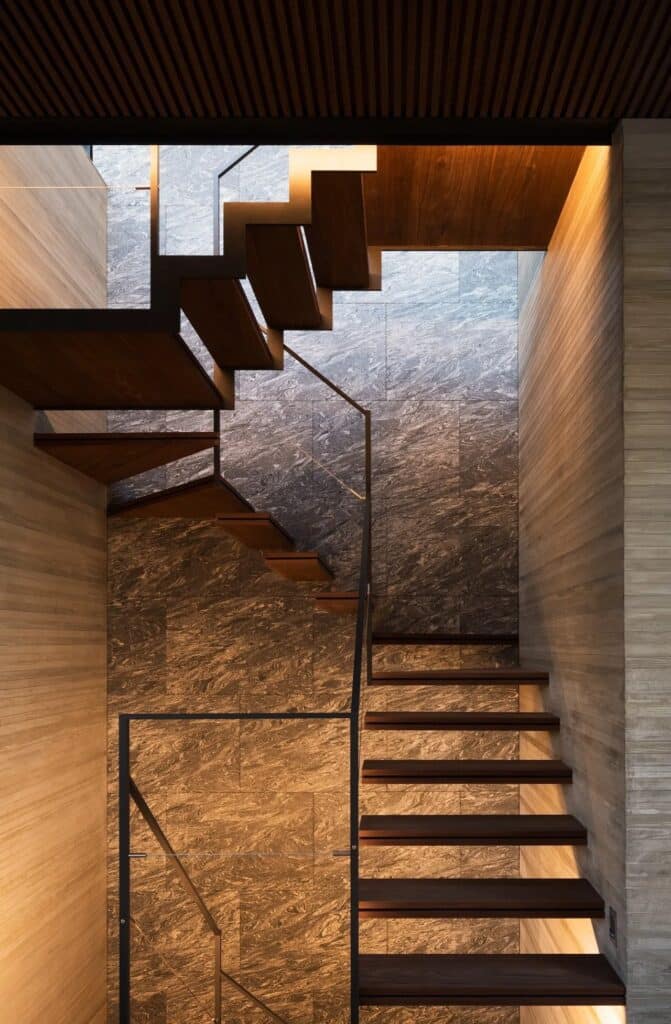 Hidden courtyard and light well in the Tokyo urban house, creating open space inside.