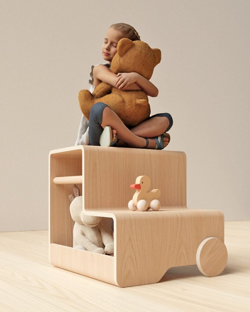 Child using Totto seat as a storage box