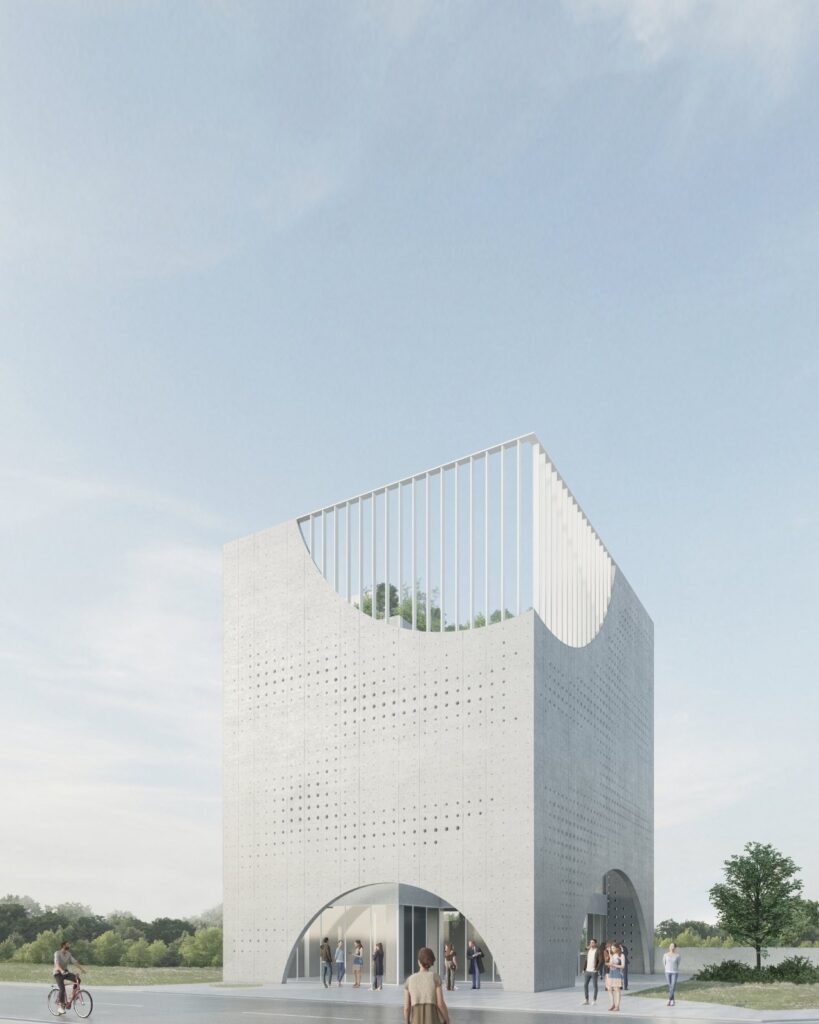 Arched opening at ground level framing a public square and side garden of the building.