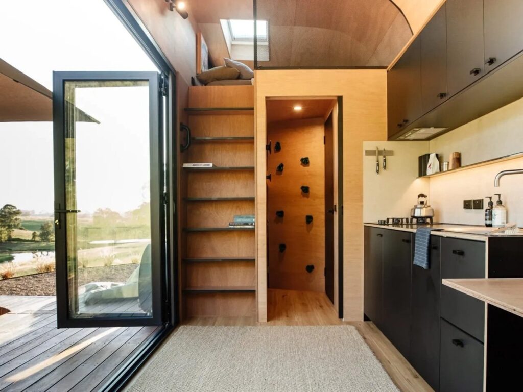 Variety of building materials including birch wood and terrazzo surfaces