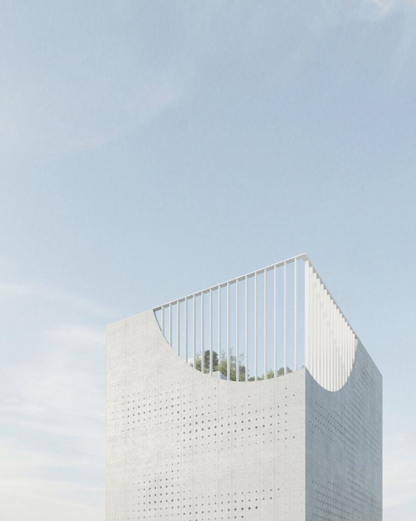 Arched opening at ground level framing a public square and side garden of the building.