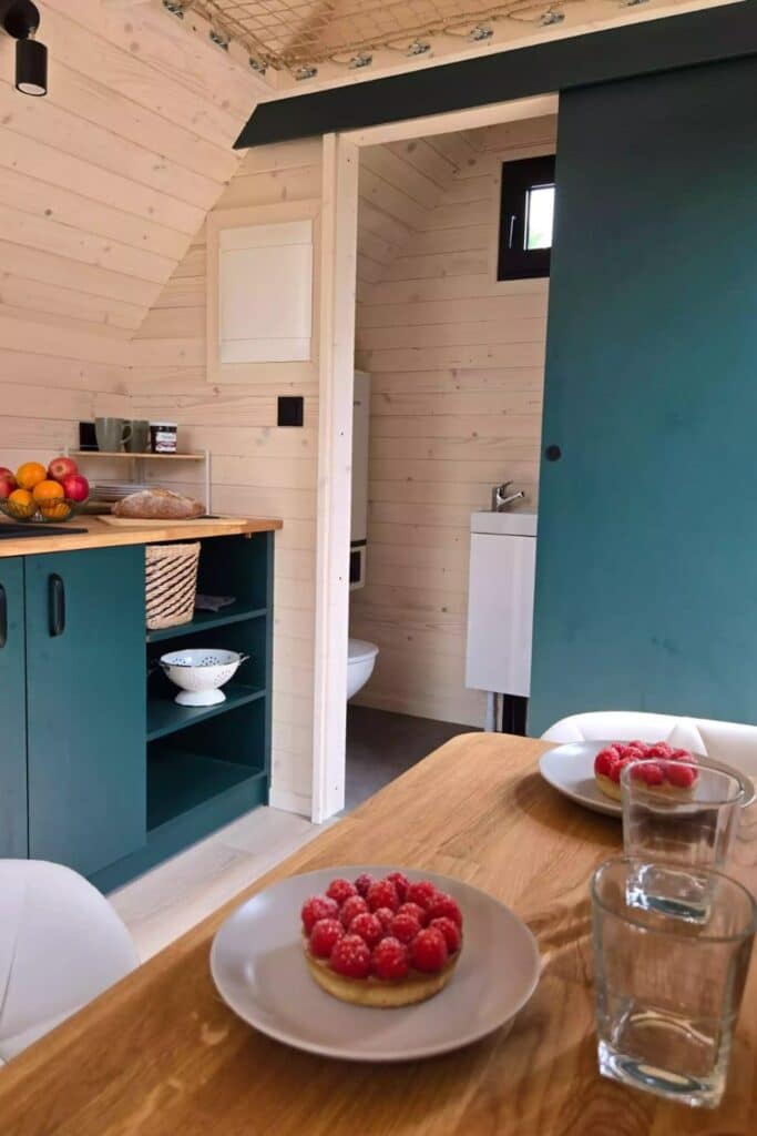 Compact kitchen in Nid Luxe with induction stove, hidden fridge, and organized cabinets