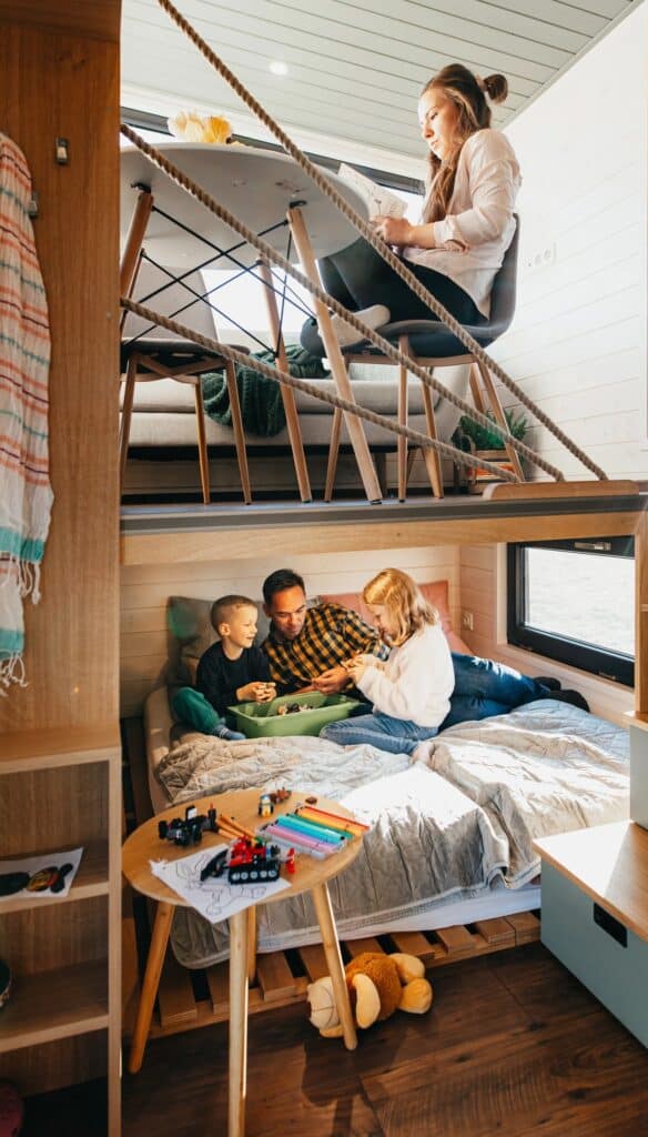 Main bedroom on the lower floor providing privacy in a small house