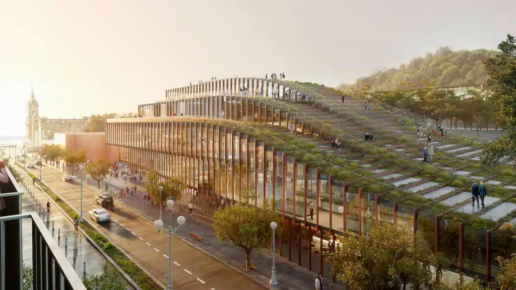 An office building with interlaced wooden panels showcasing a commitment to sustainability.