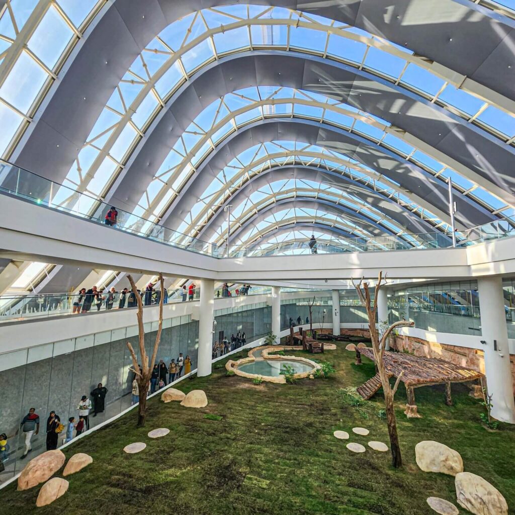 Curved glass roof letting sun shine on indoor garden & visitors